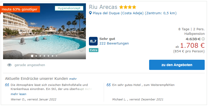 Teneriffa Last Minuten Angebote für das Hotel Riu Arecas im Februar 2022